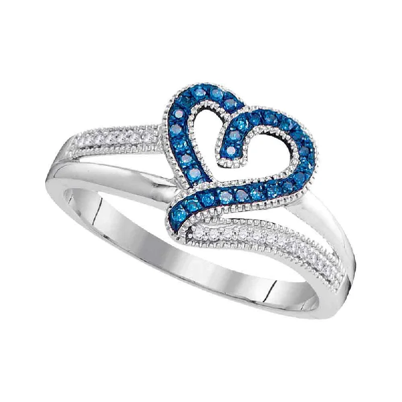 Coarse gem ring-10kt White Gold Womens Round Blue Color Enhanced Diamond Heart Ring 1/8 Cttw