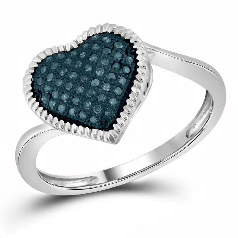 Frayed rim ring-10kt White Gold Womens Round Blue Color Enhanced Diamond Milgrain Heart Cluster Ring 1/6 Cttw