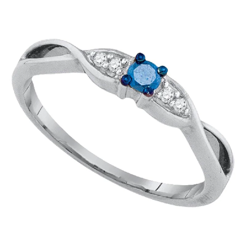 Rustic-edge ring-10kt White Gold Womens Round Blue Color Enhanced Diamond Solitaire Promise Ring 1/6 Cttw