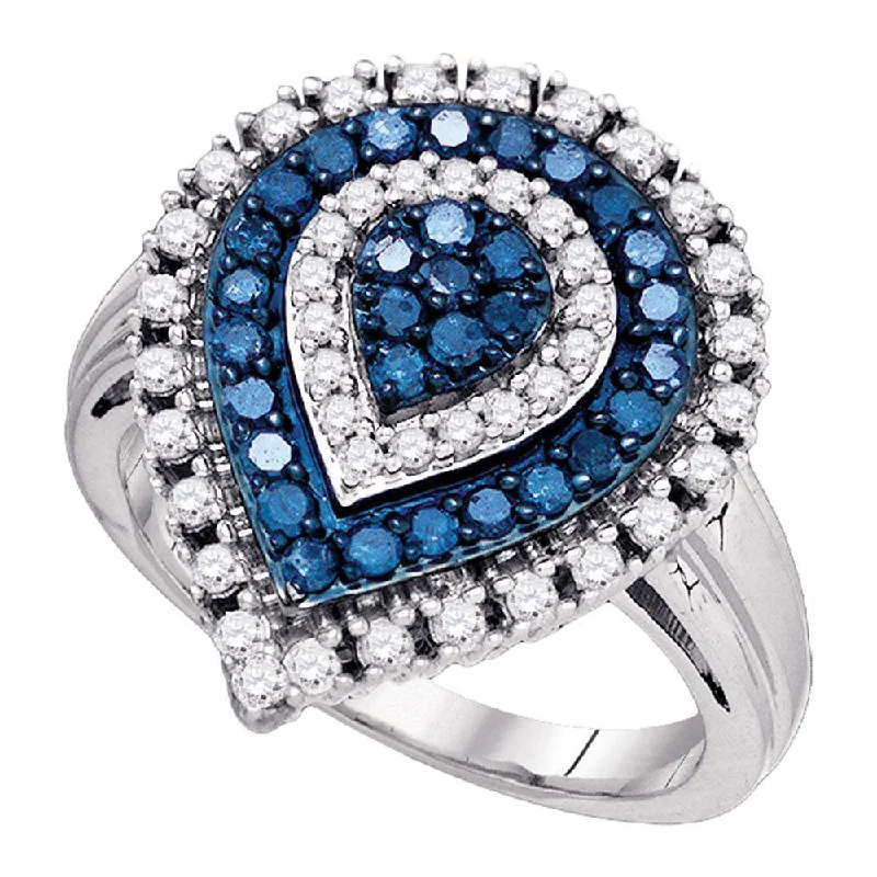 Incised gem ring-10kt White Gold Womens Round Blue Color Enhanced Diamond Teardrop Cluster Ring 1 Cttw