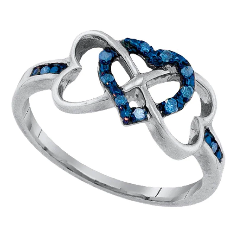 Incised design ring-10kt White Gold Womens Round Blue Color Enhanced Diamond Triple Trinity Heart Ring 1/10 Cttw