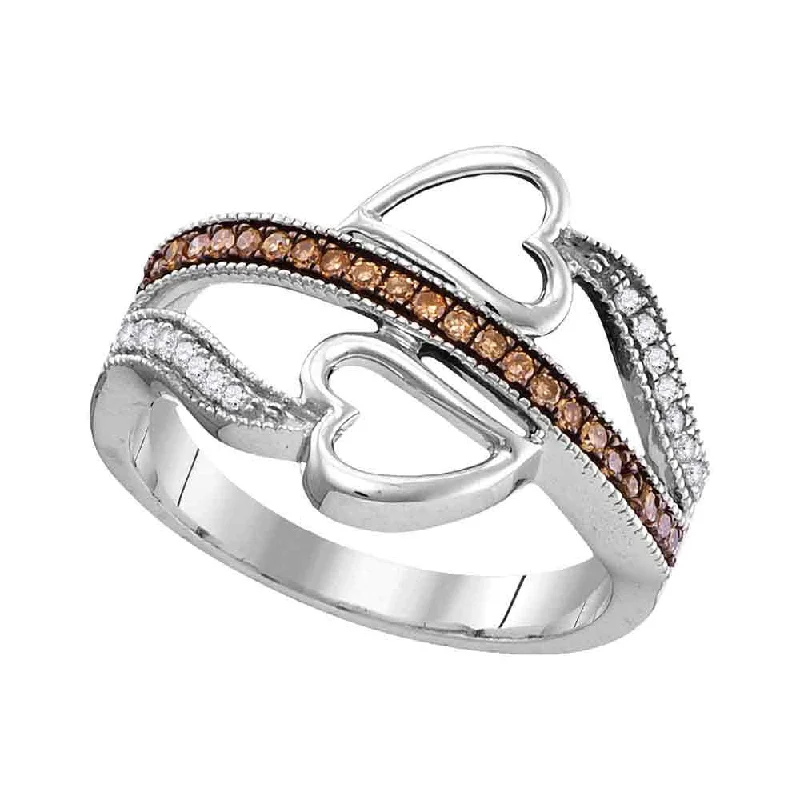 Split crystal ring-10kt White Gold Womens Round Brown Diamond Heart Crossover Ring 1/5 Cttw