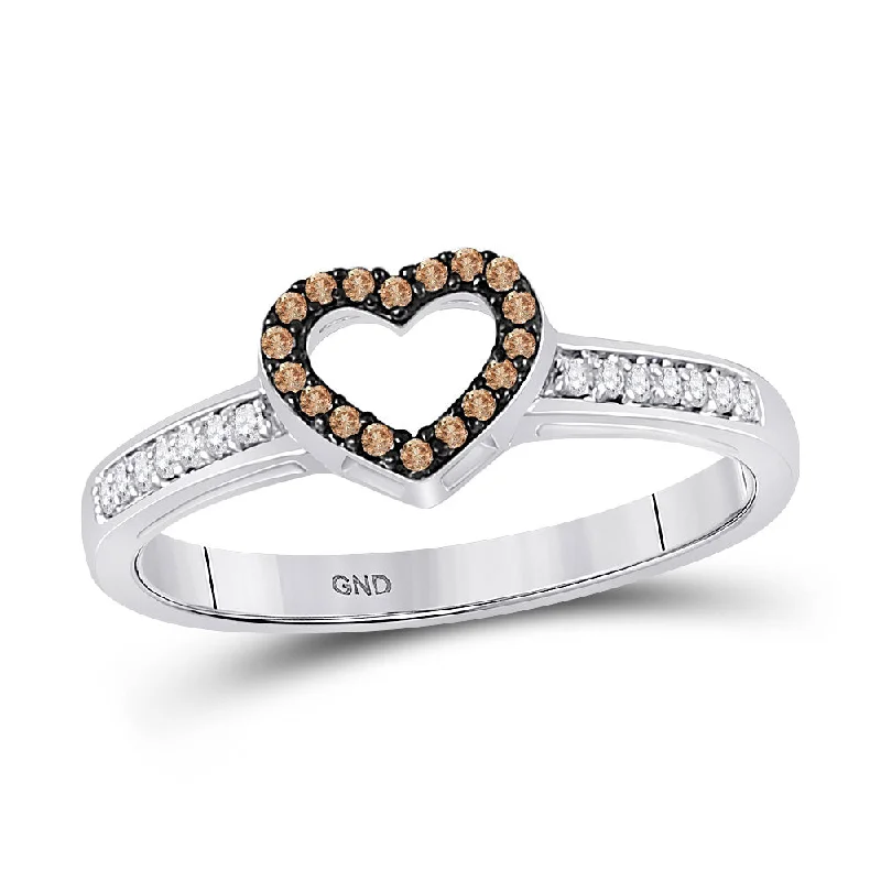 Fine braid ring-10kt White Gold Womens Round Brown Diamond Heart Ring 1/8 Cttw