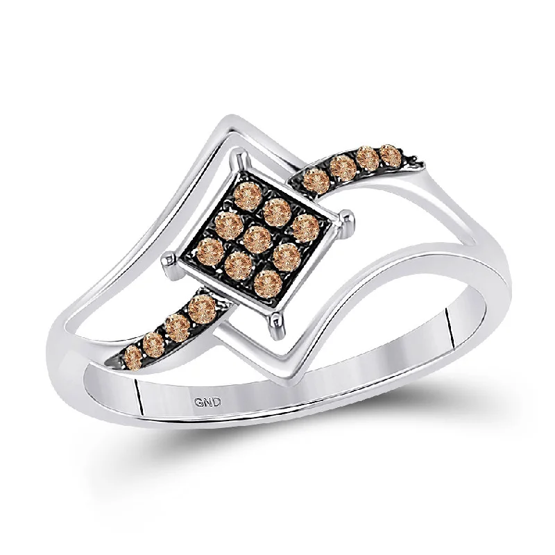 Rain gem ring-10kt White Gold Womens Round Brown Diamond Square Cluster Ring 1/6 Cttw