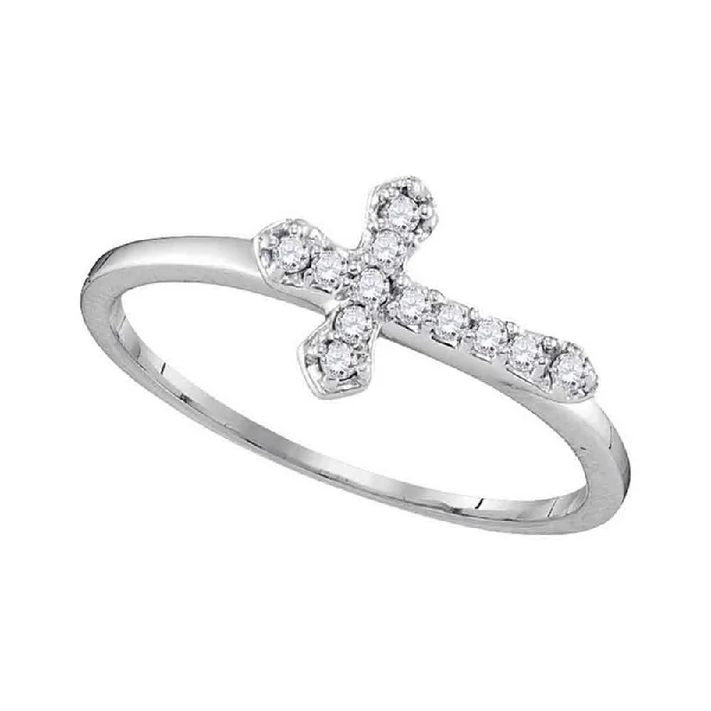 Hexagonal gem ring-10kt White Gold Womens Round Diamond Cross Band Ring 1/8 Cttw