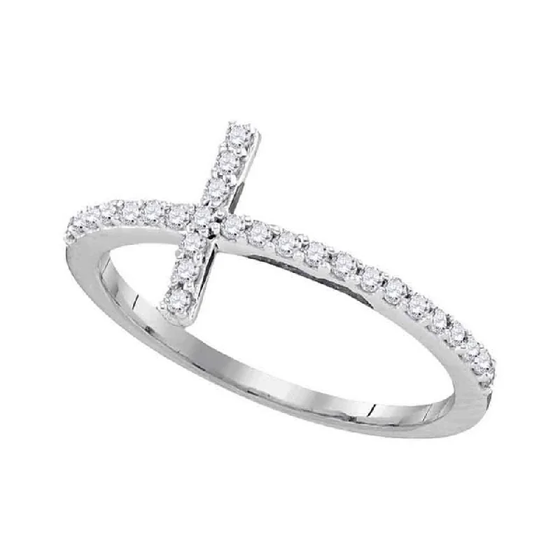 Split crystal ring-10kt White Gold Womens Round Diamond Cross Religious Band Ring 1/5 Cttw