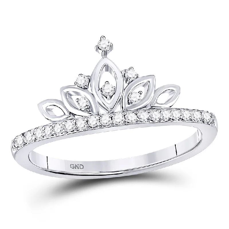 Glossy jet ring-10kt White Gold Womens Round Diamond Crown Tiara Band Ring 1/6 Cttw