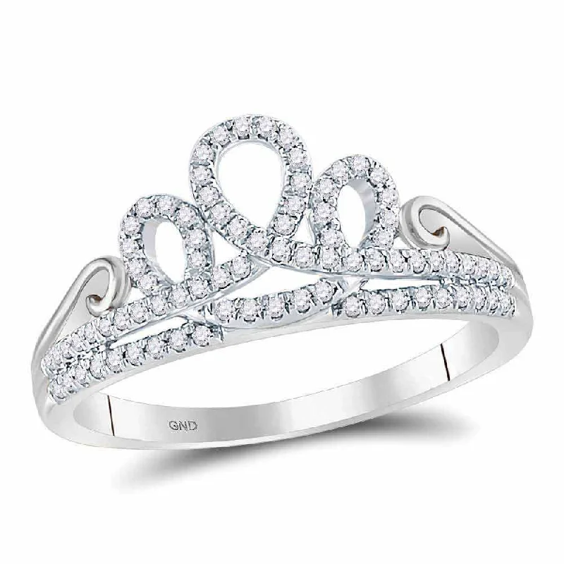 Raised stone ring-10kt White Gold Womens Round Diamond Crown Tiara Fashion Ring 1/5 Cttw