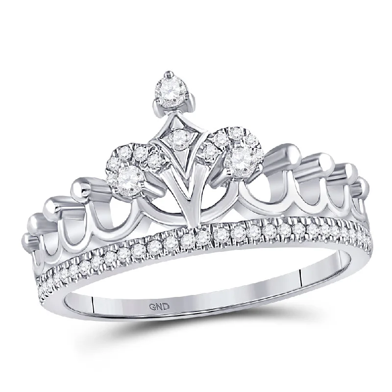 Subtle rim ring-10kt White Gold Womens Round Diamond Crown Tiara Fashion Ring 1/5 Cttw