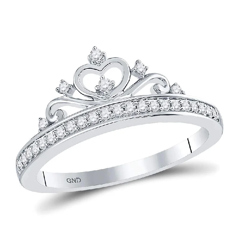 Vivid gem ring-10kt White Gold Womens Round Diamond Crown Tiara Fashion Ring 1/6 Cttw