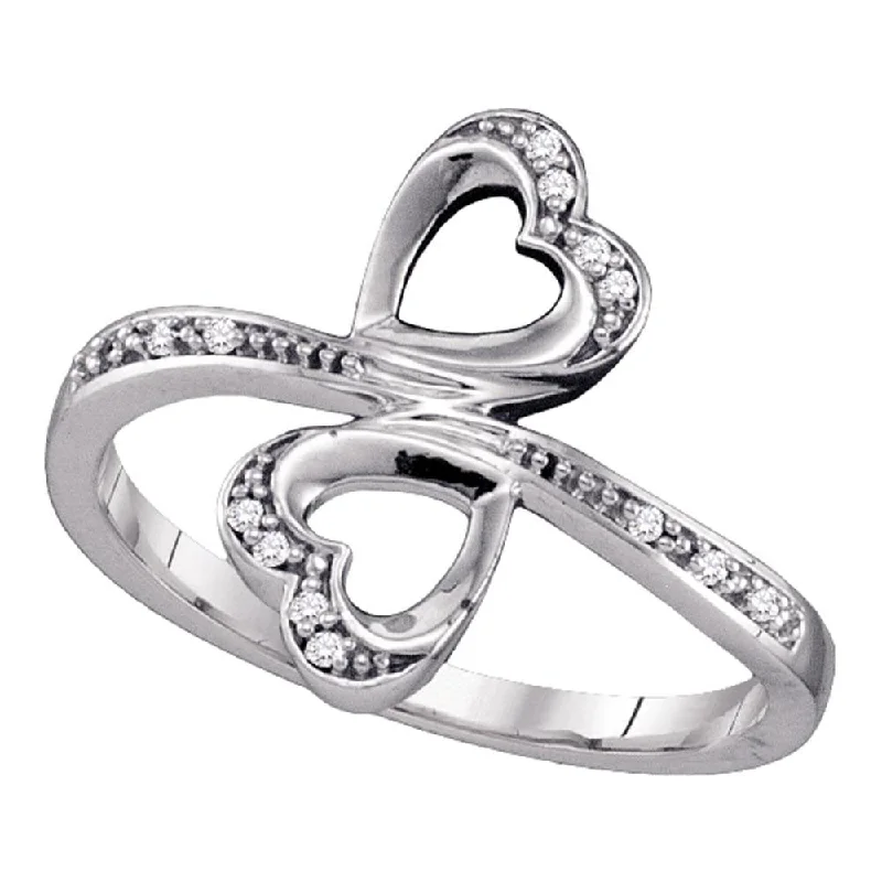 Seven-heart ring-10kt White Gold Womens Round Diamond Double Heart Bypass Ring 1/20 Cttw