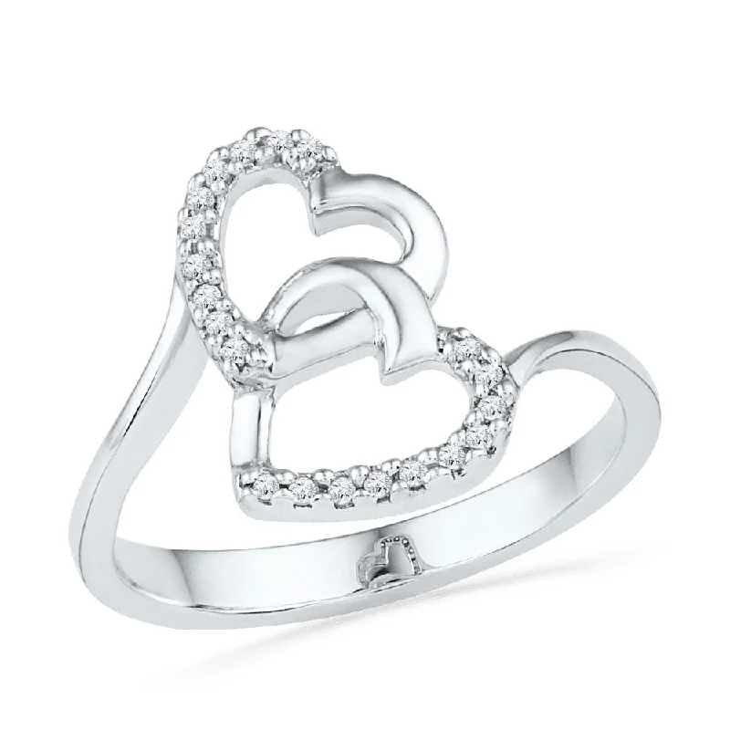 Carved initial ring-10kt White Gold Womens Round Diamond Double Heart Ring 1/12 Cttw