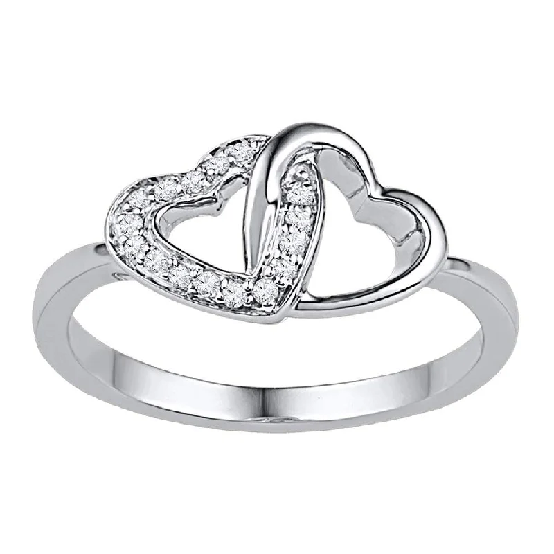 Protruding stone ring-10kt White Gold Womens Round Diamond Double Locked Heart Ring 1/12 Cttw