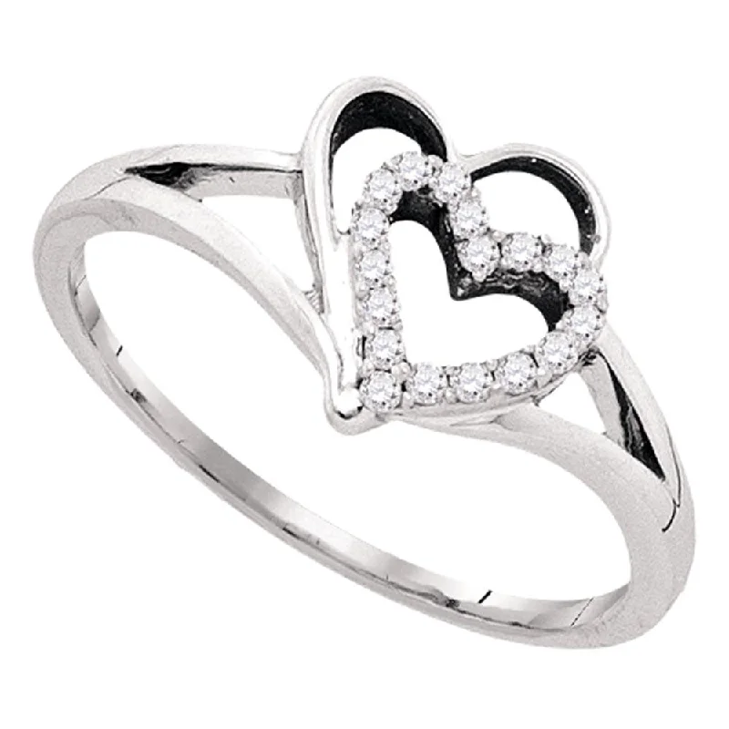 Encased stone ring-10kt White Gold Womens Round Diamond Double Nested Heart Ring 1/8 Cttw