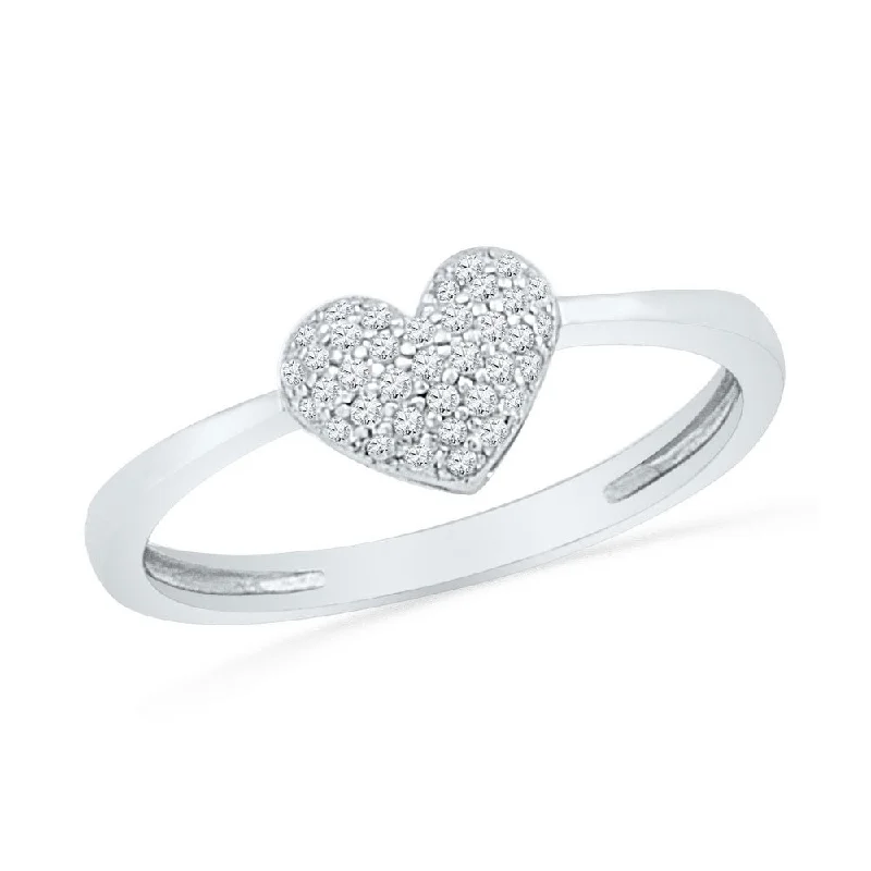 Tilted stone ring-10kt White Gold Womens Round Diamond Heart Cluster Ring 1/10 Cttw