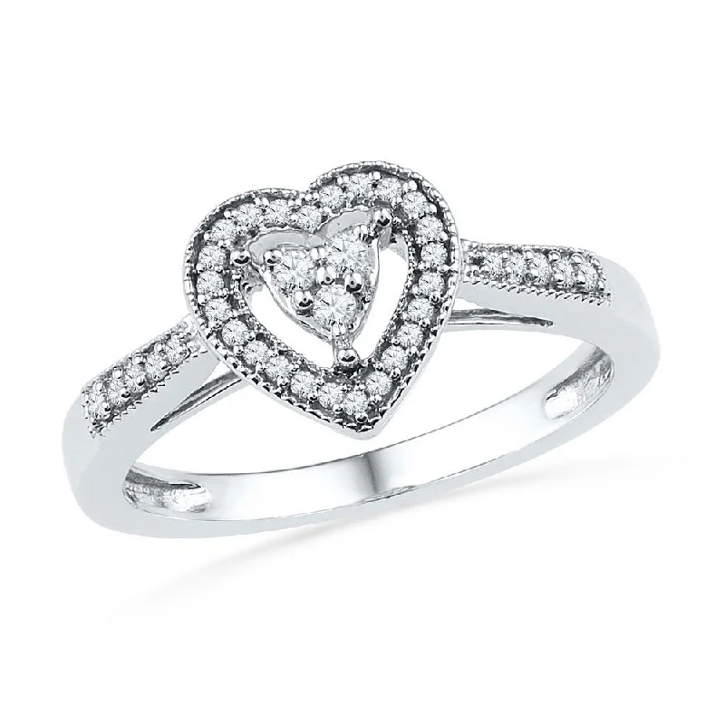 Untamed pearl ring-10kt White Gold Womens Round Diamond Heart Cluster Ring 1/5 Cttw