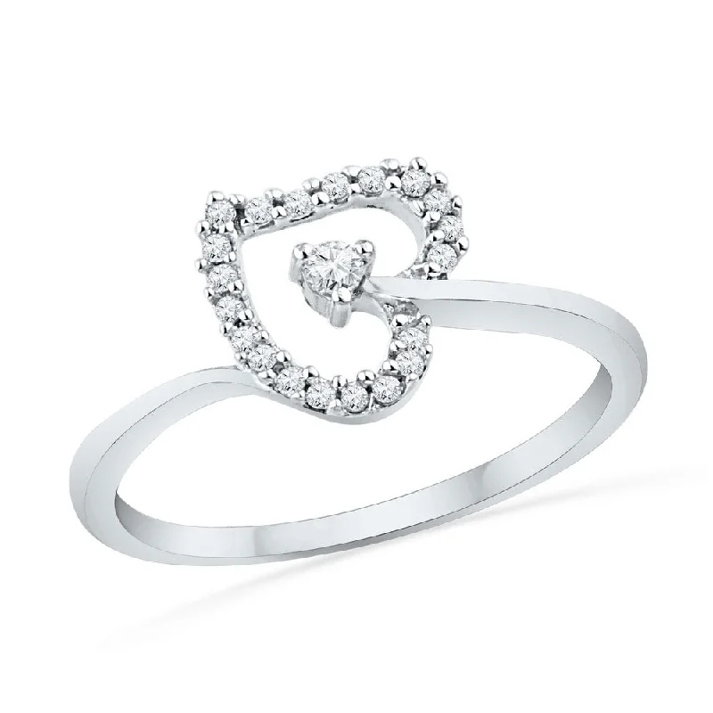 Raised stone ring-10kt White Gold Womens Round Diamond Heart Outline Solitaire Ring 1/8 Cttw