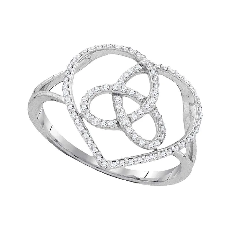 Shiny rhodium ring-10kt White Gold Womens Round Diamond Heart Triquetra Trinity Ring 1/6 Cttw