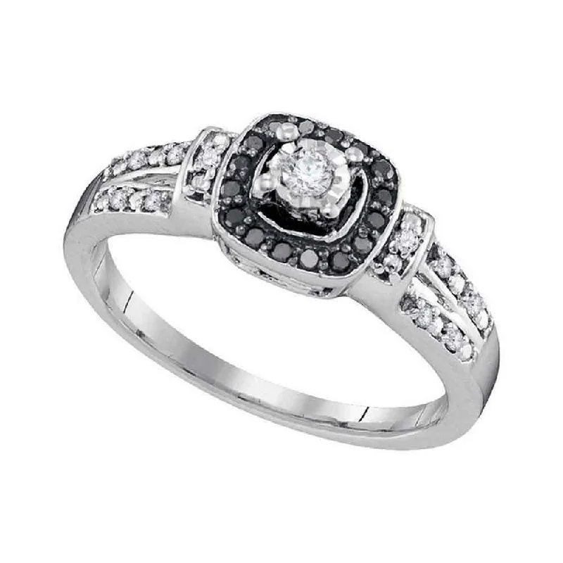 Connected band ring-10kt White Gold Womens Round Diamond Solitaire Black Color Enhanced Ring 1/5 Cttw