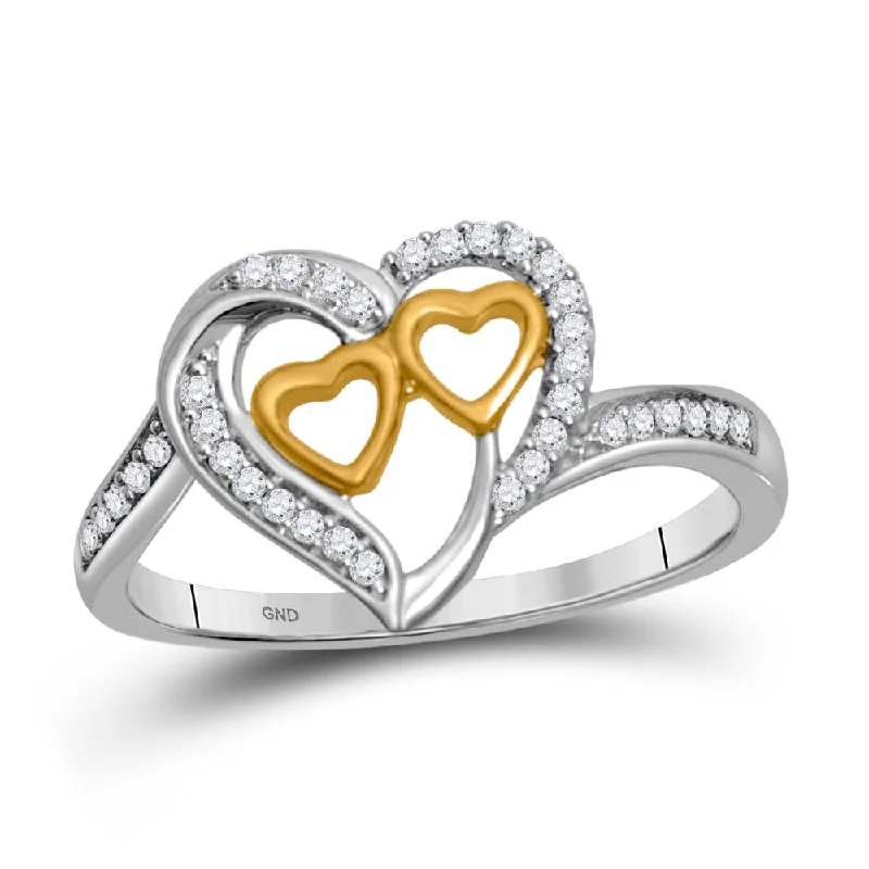 Rustic-edge ring-10kt White Gold Womens Round Diamond Triple Heart Ring 1/8 Cttw