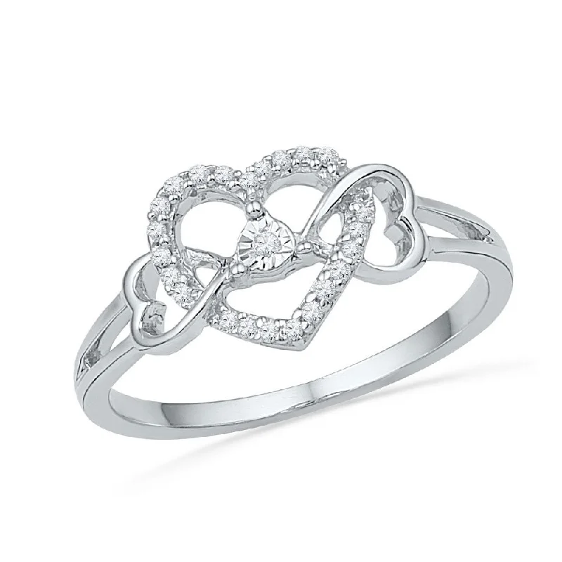 Gentle flow ring-10kt White Gold Womens Round Diamond Triple Heart Solitaire Ring 1/10 Cttw