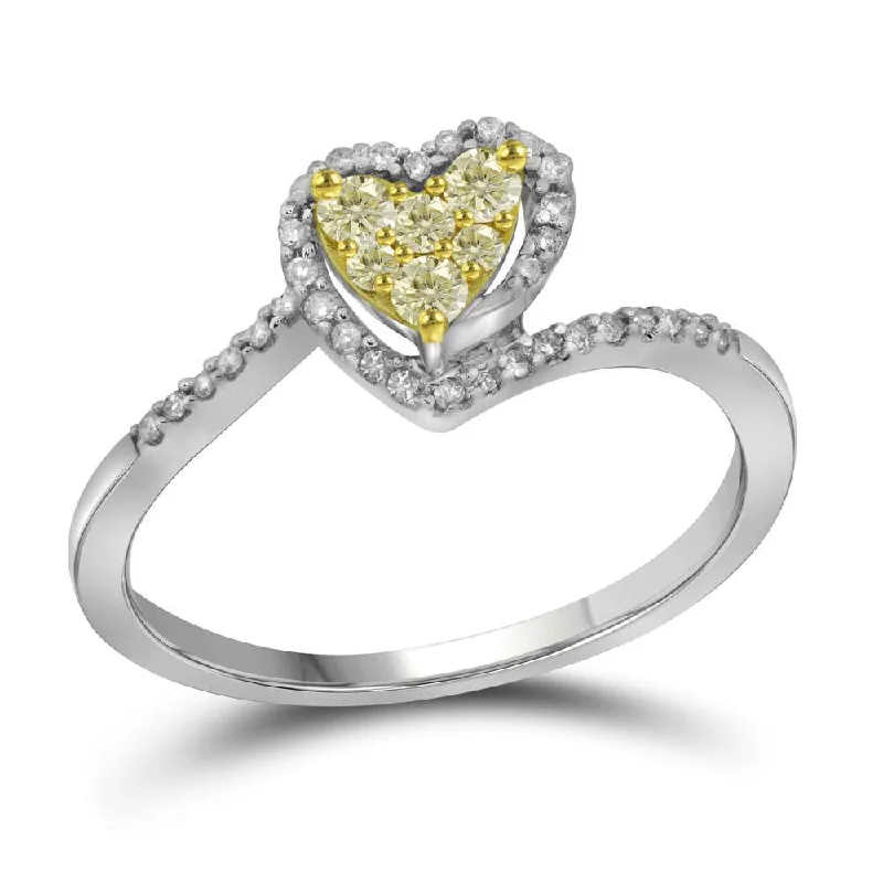 Smooth-cut ring-10kt White Gold Womens Round Yellow Color Enhanced Diamond Heart Ring 1/4 Cttw