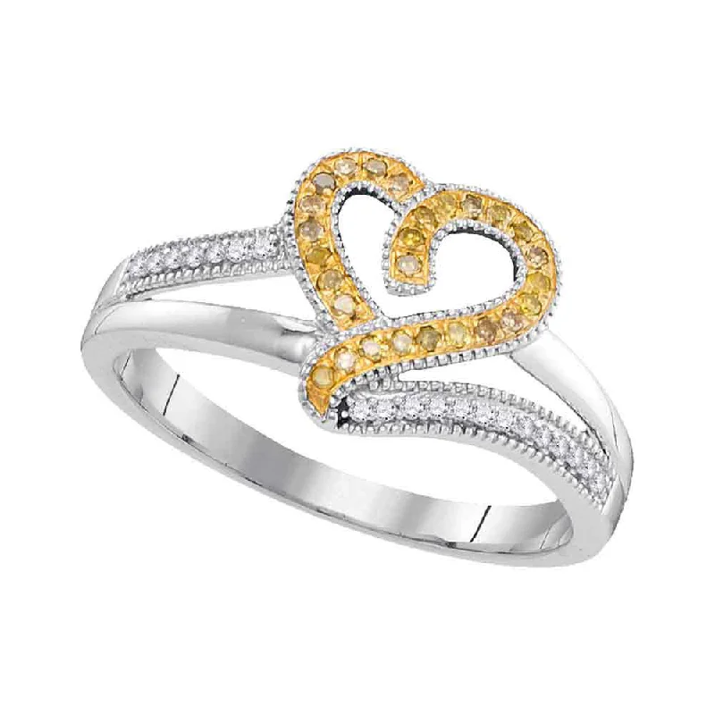 Slim-band ring-10kt White Gold Womens Round Yellow Color Enhanced Diamond Heart Ring 1/8 Cttw