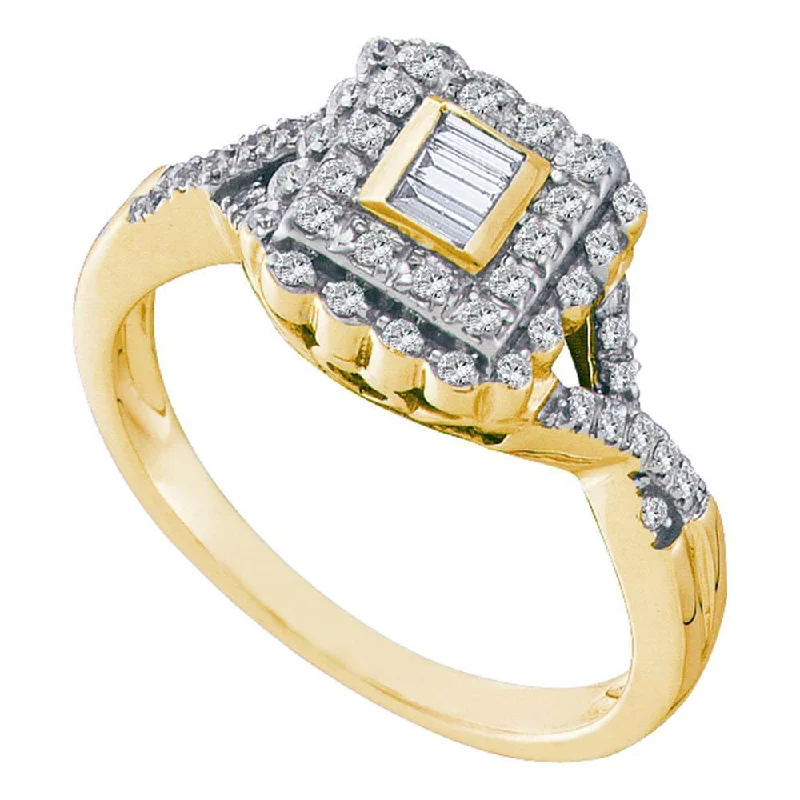 Raised stone ring-10kt Yellow Gold Womens Baguette Diamond Square Halo Cluster Ring 1/4 Cttw