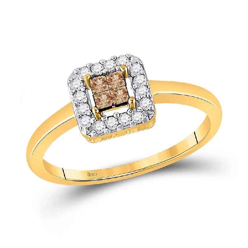 Bendable stone ring-10kt Yellow Gold Womens Princess Brown Diamond Square Cluster Halo Ring 1/4 Cttw