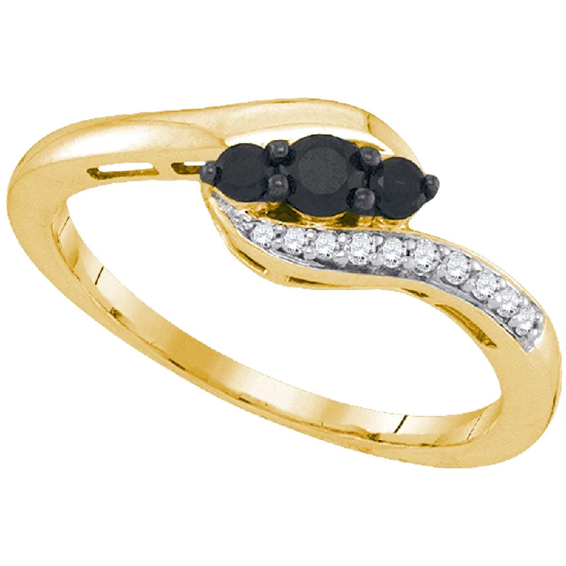 Sharp gem ring-10kt Yellow Gold Womens Round Black Color Enhanced Diamond 3-stone Ring 1/4 Cttw