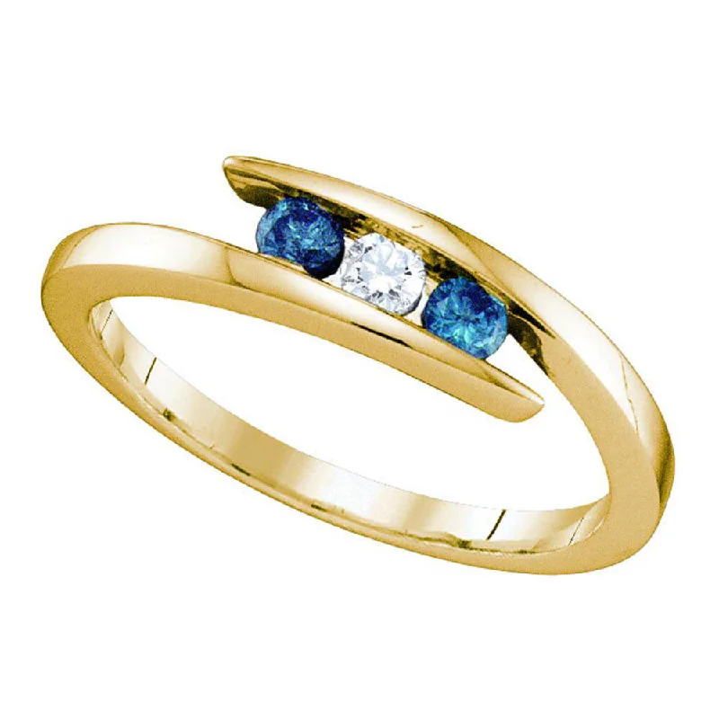 Rain gem ring-10kt Yellow Gold Womens Round Blue Color Enhanced Diamond 3-stone Ring 1/4 Cttw