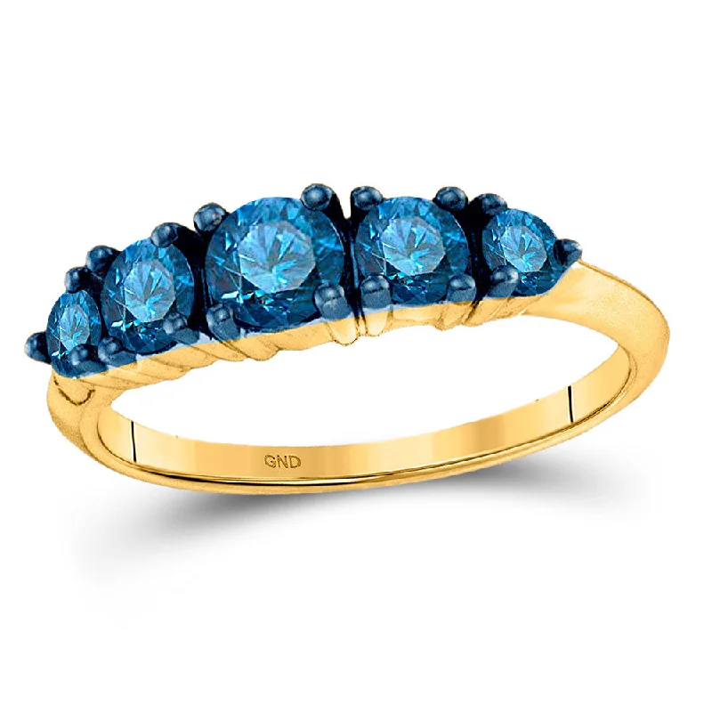 Sleek gem ring-10kt Yellow Gold Womens Round Blue Color Enhanced Diamond 5-stone Ring 1 Cttw