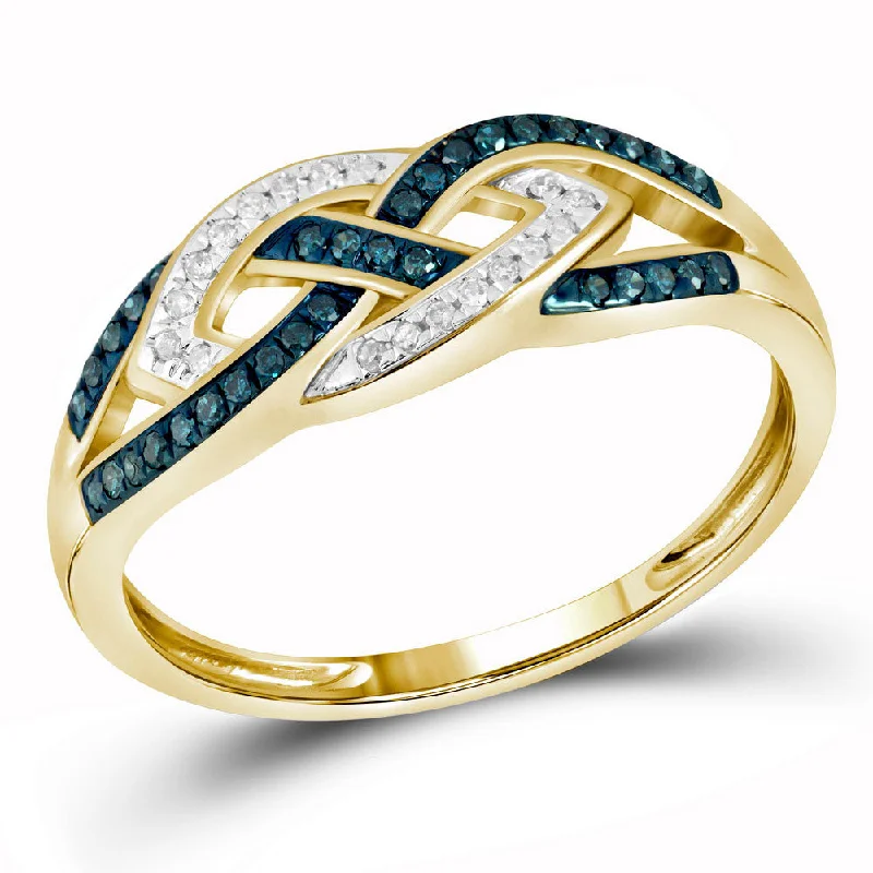 Split-level ring-10kt Yellow Gold Womens Round Blue Color Enhanced Diamond Crossover Braid Ring 1/6 Cttw