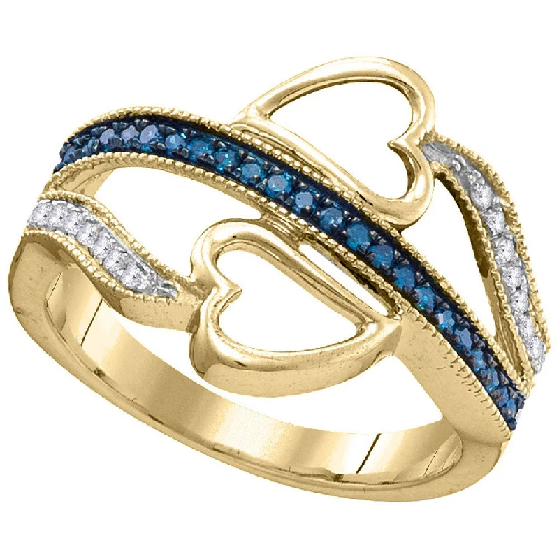 Coiled helix ring-10kt Yellow Gold Womens Round Blue Color Enhanced Diamond Double Heart Ring 1/5 Cttw