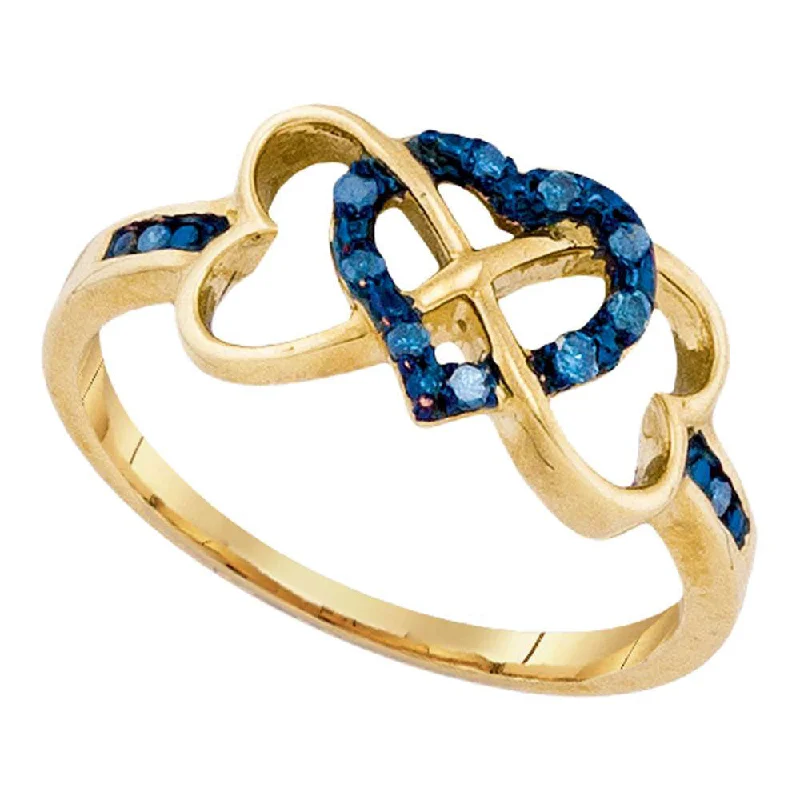 Antique howlite ring-10kt Yellow Gold Womens Round Blue Color Enhanced Diamond Triple Trinity Heart Ring 1/10 Cttw