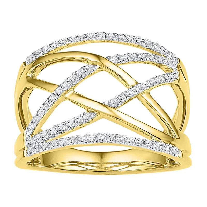 Bold quartzite ring-10kt Yellow Gold Womens Round Diamond Crisscross Crossover Band Ring 1/3 Cttw