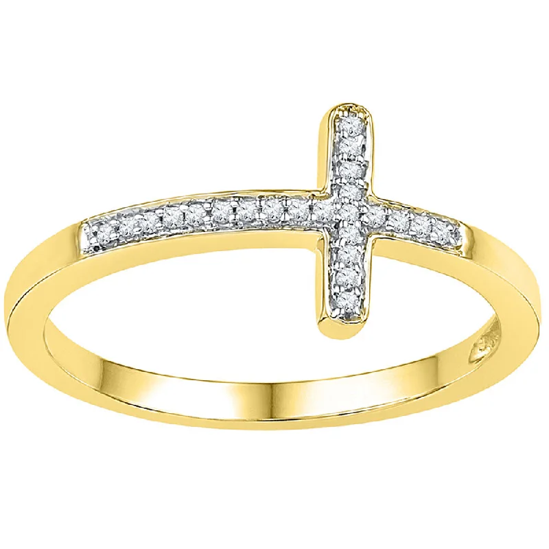 Delicate filigree ring-10kt Yellow Gold Womens Round Diamond Cross Religious Band Ring 1/20 Cttw