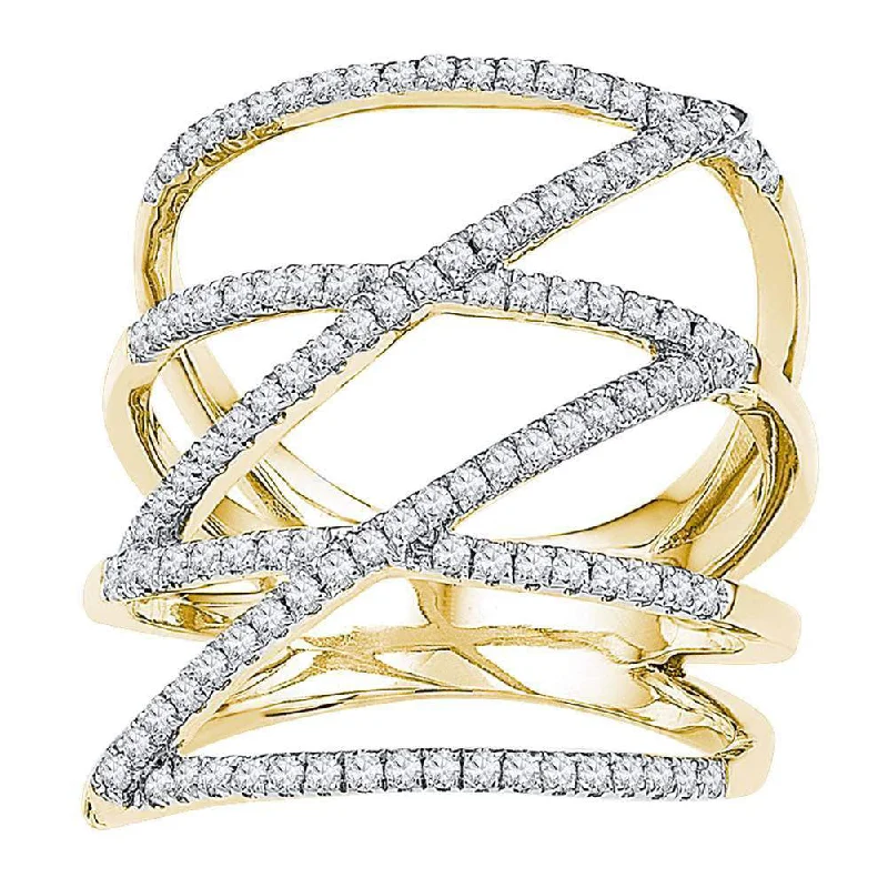 Held stone ring-10kt Yellow Gold Womens Round Diamond Crossover Strand Fashion Band Ring 1/2 Cttw