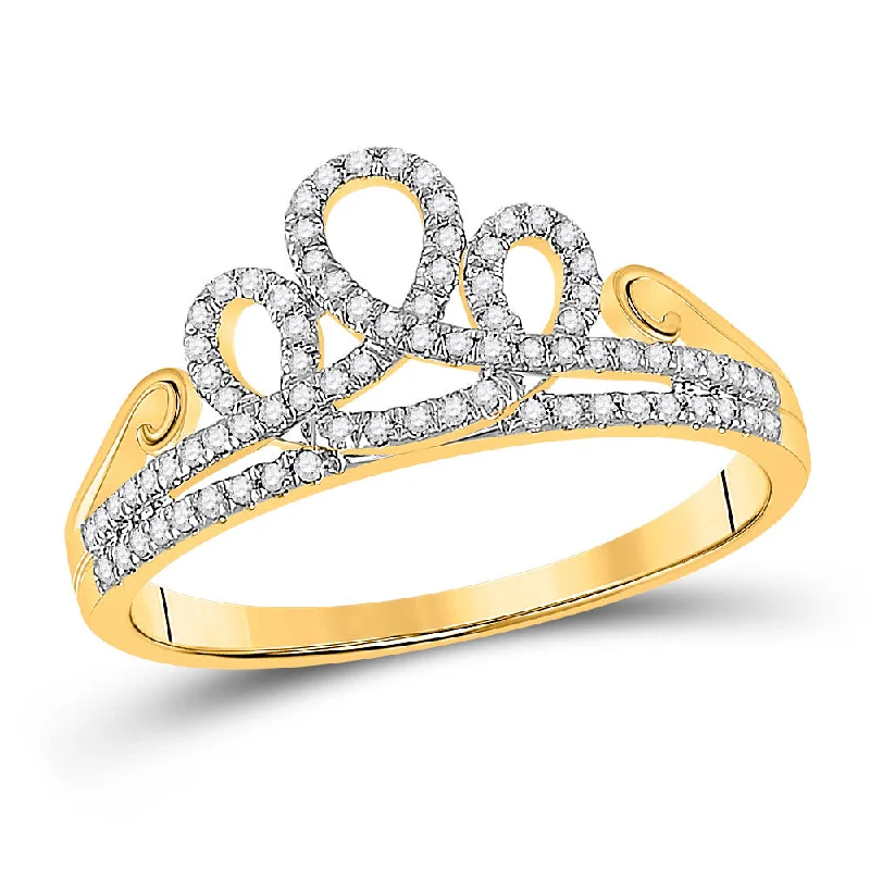 Open twist ring-10kt Yellow Gold Womens Round Diamond Crown Tiara Fashion Ring 1/5 Cttw