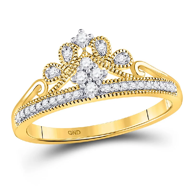 Held stone ring-10kt Yellow Gold Womens Round Diamond Crown Tiara Fashion Ring 1/6 Cttw