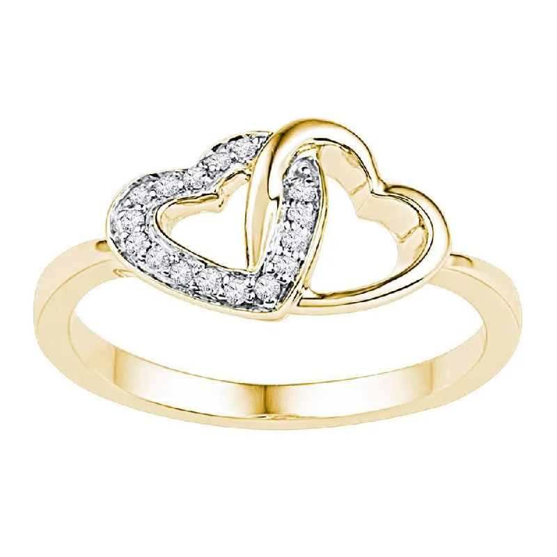 Surging wave ring-10kt Yellow Gold Womens Round Diamond Double Locked Heart Ring 1/12 Cttw