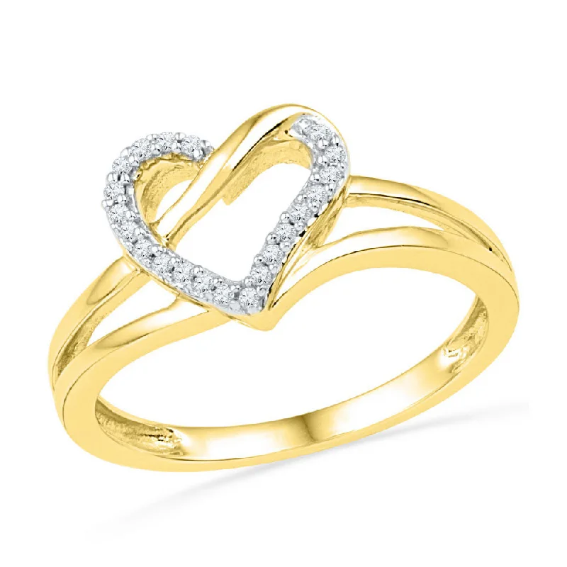 Tide-wave ring-10kt Yellow Gold Womens Round Diamond Heart Outline Ring 1/20 Cttw