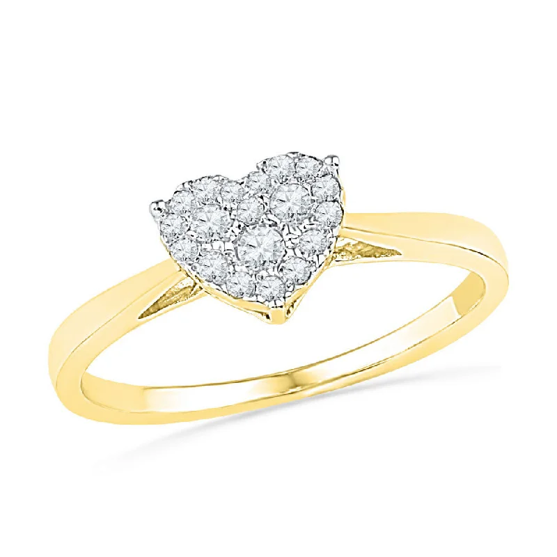 Vivid gold ring-10kt Yellow Gold Womens Round Diamond Simple Heart Cluster Ring 1/6 Cttw