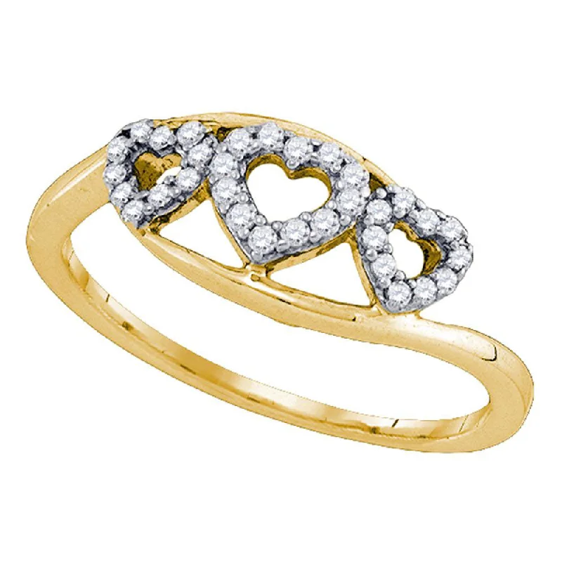 Delicate filigree ring-10kt Yellow Gold Womens Round Diamond Triple Heart Ring 1/5 Cttw