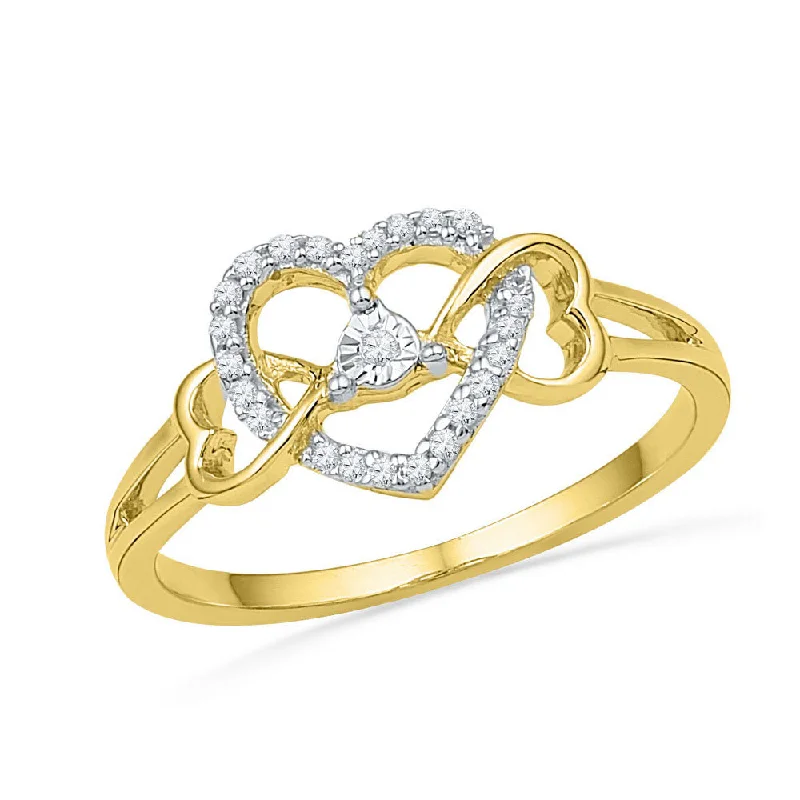 Recessed stone ring-10kt Yellow Gold Womens Round Diamond Triple Heart Solitaire Ring 1/10 Cttw