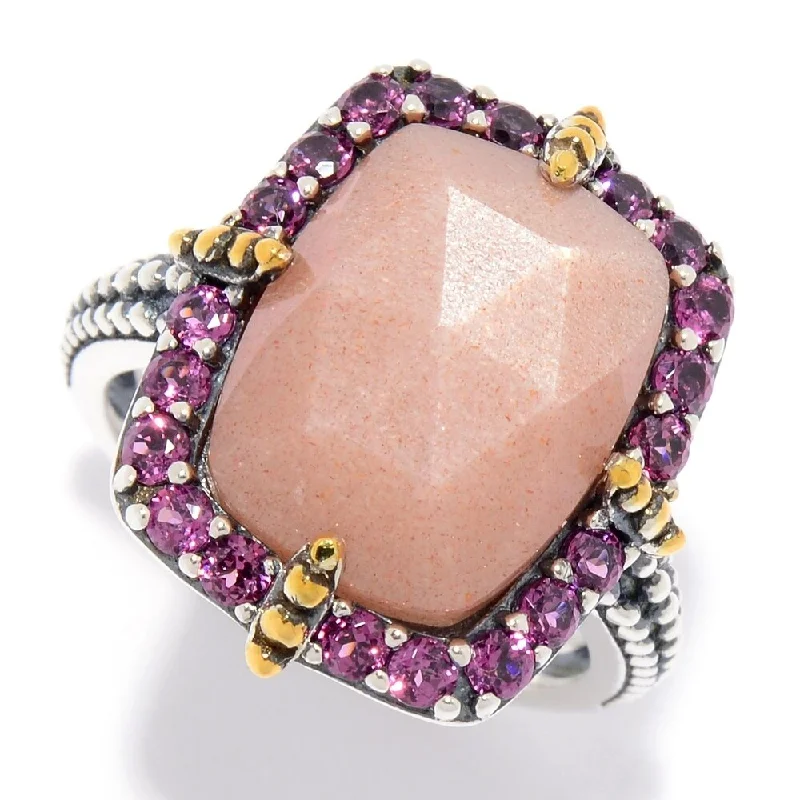 Protruding stone ring-14 x 10mm Peach Moonstone & Rhodolite Garnet Beaded Halo Ring