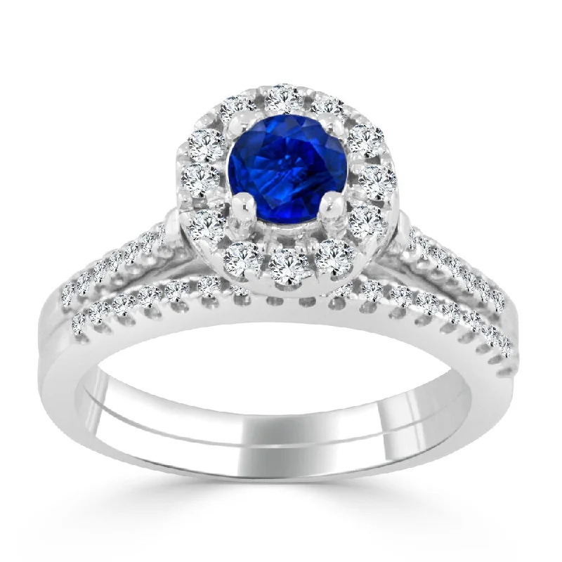 Sparkling spodumene ring-14k Gold 2/5ct Blue Sapphire and 1/3ct TDW Diamond Halo Engagement Ring by Auriya Set