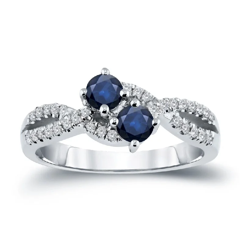 Slotted design ring-14k Gold Two Stone Round 1/2ct Blue Sapphire and 1/4ct TDW Diamond Engagement Ring