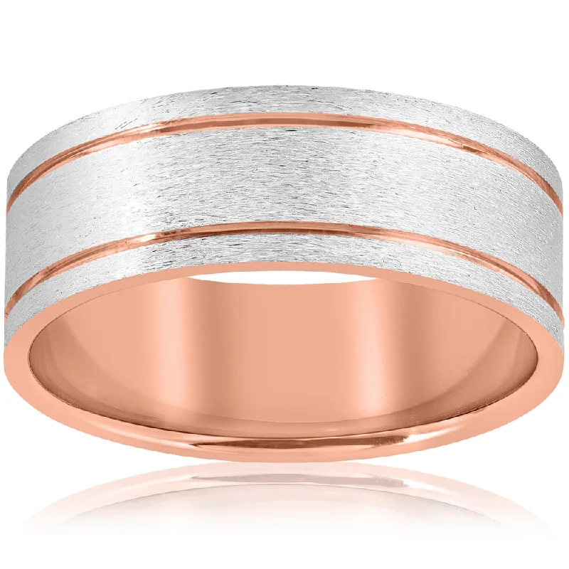 Radiant amethyst ring-14k Rose Gold 8MM Two Tone Flat Brushed Comfort Fit Mens Wedding Band