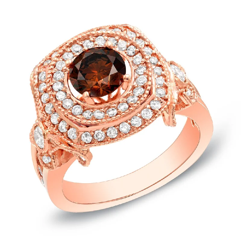 Delicate filigree ring-14k Rose Gold Vintage Inspired 2ct TDW Double Halo Brown Diamond Engagement Ring by Auriya